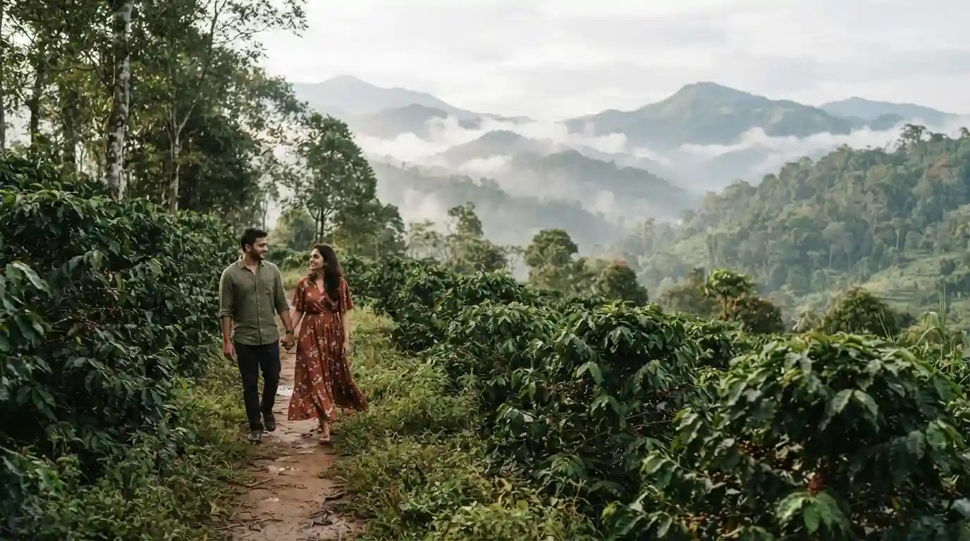 Couple walking through a lush coffee plantation with misty Coorg hills in the background