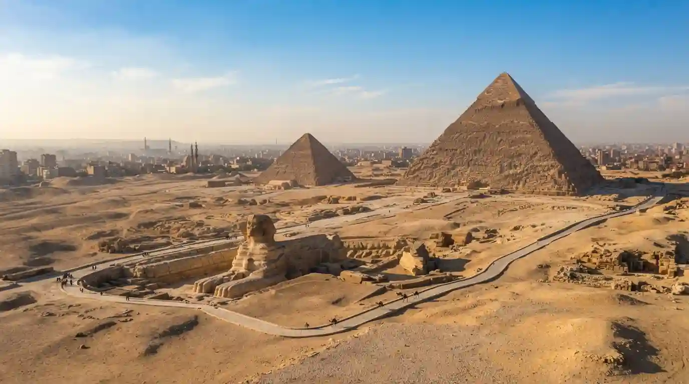 Pyramids of Giza and the Great Sphinx in Egypt under a clear sky