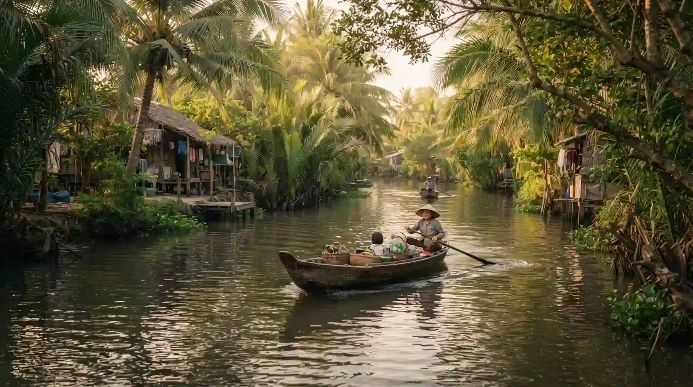 Traditional boat traveling through a tropical canal in the Mekong Delta, Vietnam