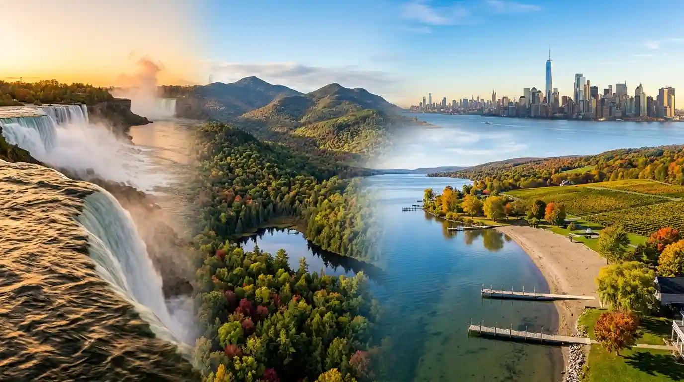 Panoramic travel scene featuring Niagara Falls, the Manhattan skyline, forested mountains, and an autumn lakeshore in New York State.