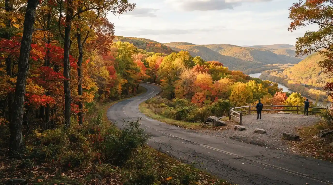 Scenic New Jersey autumn landscape with colorful fall foliage along a winding road