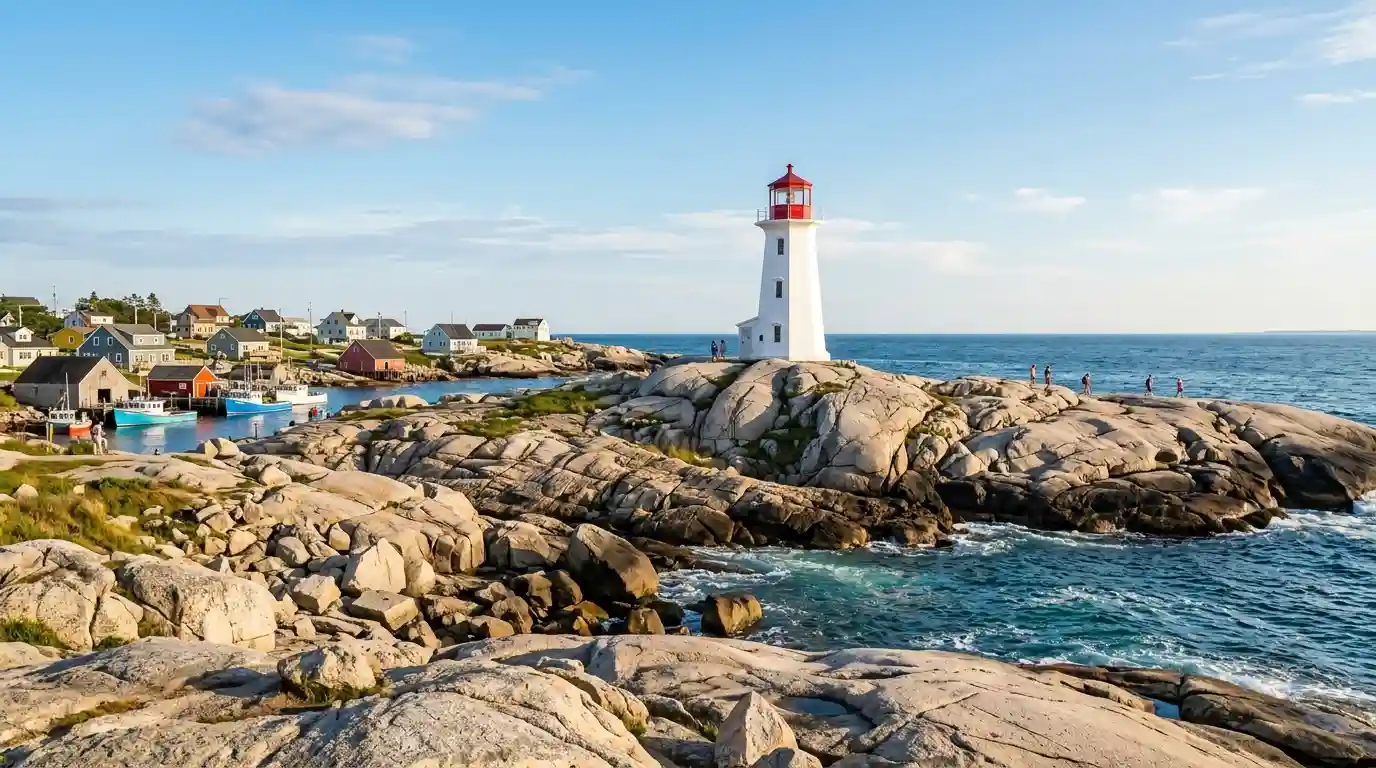 Peggy's Cove lighthouse overlooking the rocky Atlantic coastline in Nova Scotia during summer.