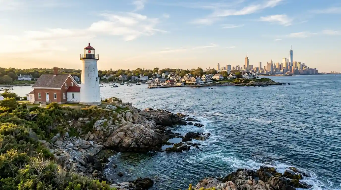Scenic Atlantic coastline with a historic New England lighthouse, rocky shore, and distant coastal town.