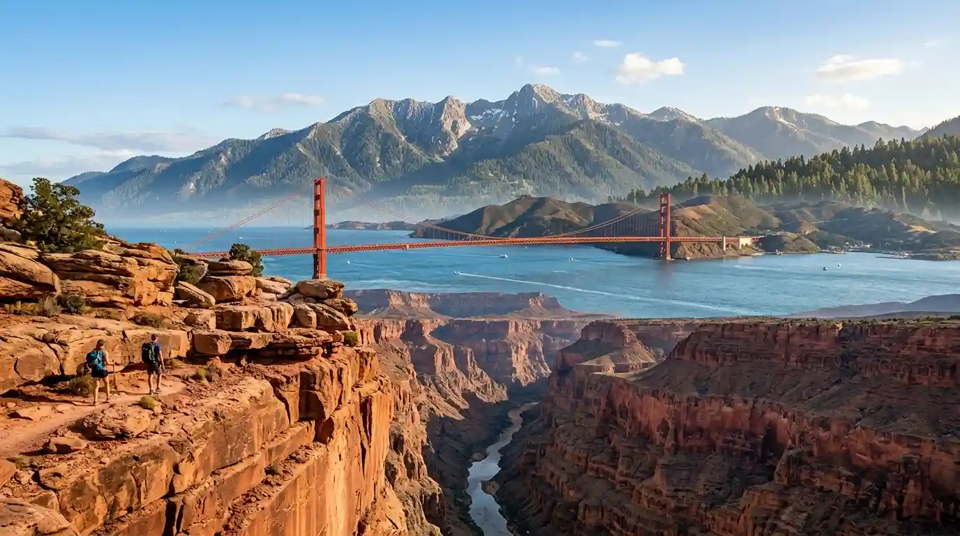 Scenic American travel landscape featuring the Grand Canyon, coastal scenery, and distant mountain peaks.