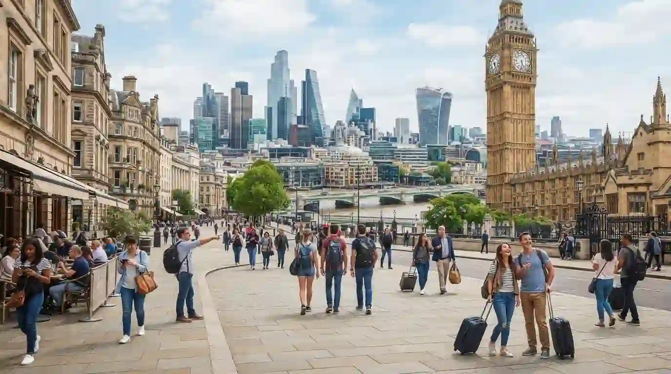 Global tourist destination with historic architecture, modern skyline, and travelers exploring a busy city