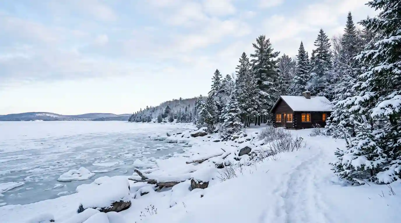 Snow-covered Great Lakes shoreline with evergreen trees and a warmly lit cabin during winter.