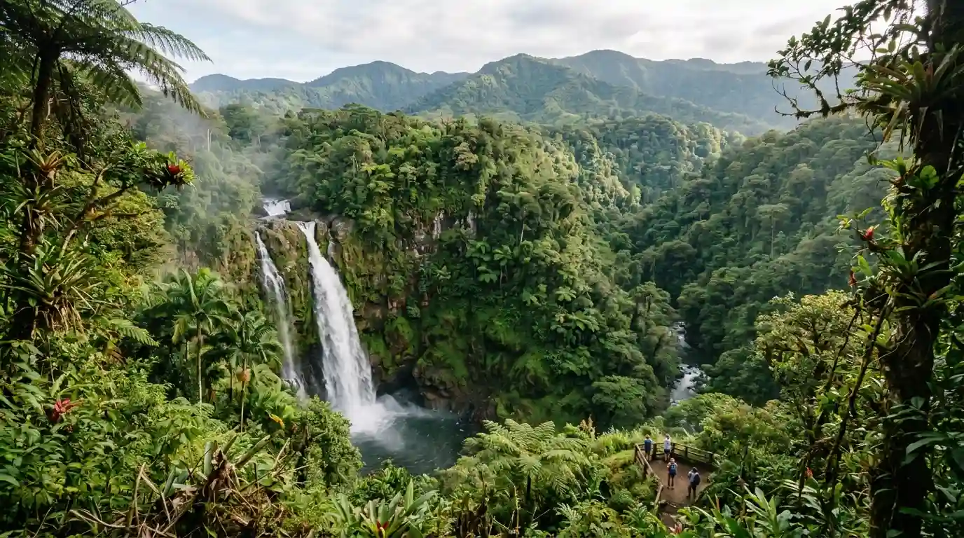 A tropical waterfall surrounded by lush rainforest and green mountains near San Jose, Costa Rica.