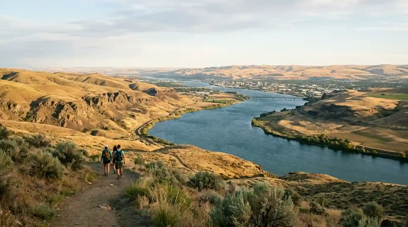 Columbia River winding through the dry hills and basalt cliffs of eastern Washington near the Tri-Cities.