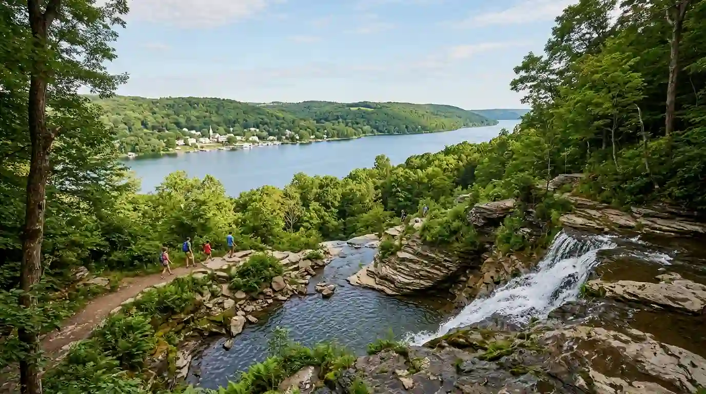 Lush green hills, a blue lake, and a waterfall in a scenic Upstate New York summer landscape.