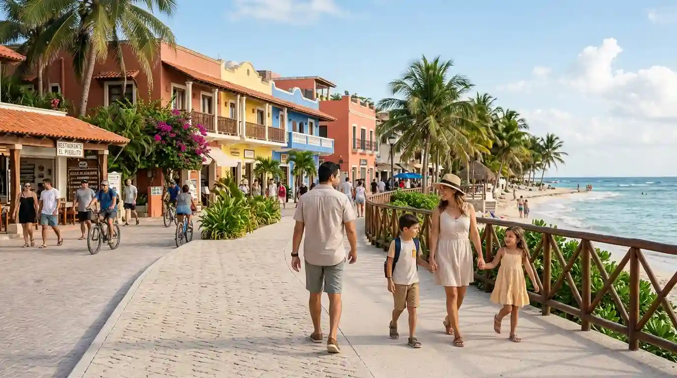 Family walking along a tropical Mexican coastal promenade with palm trees and ocean views.