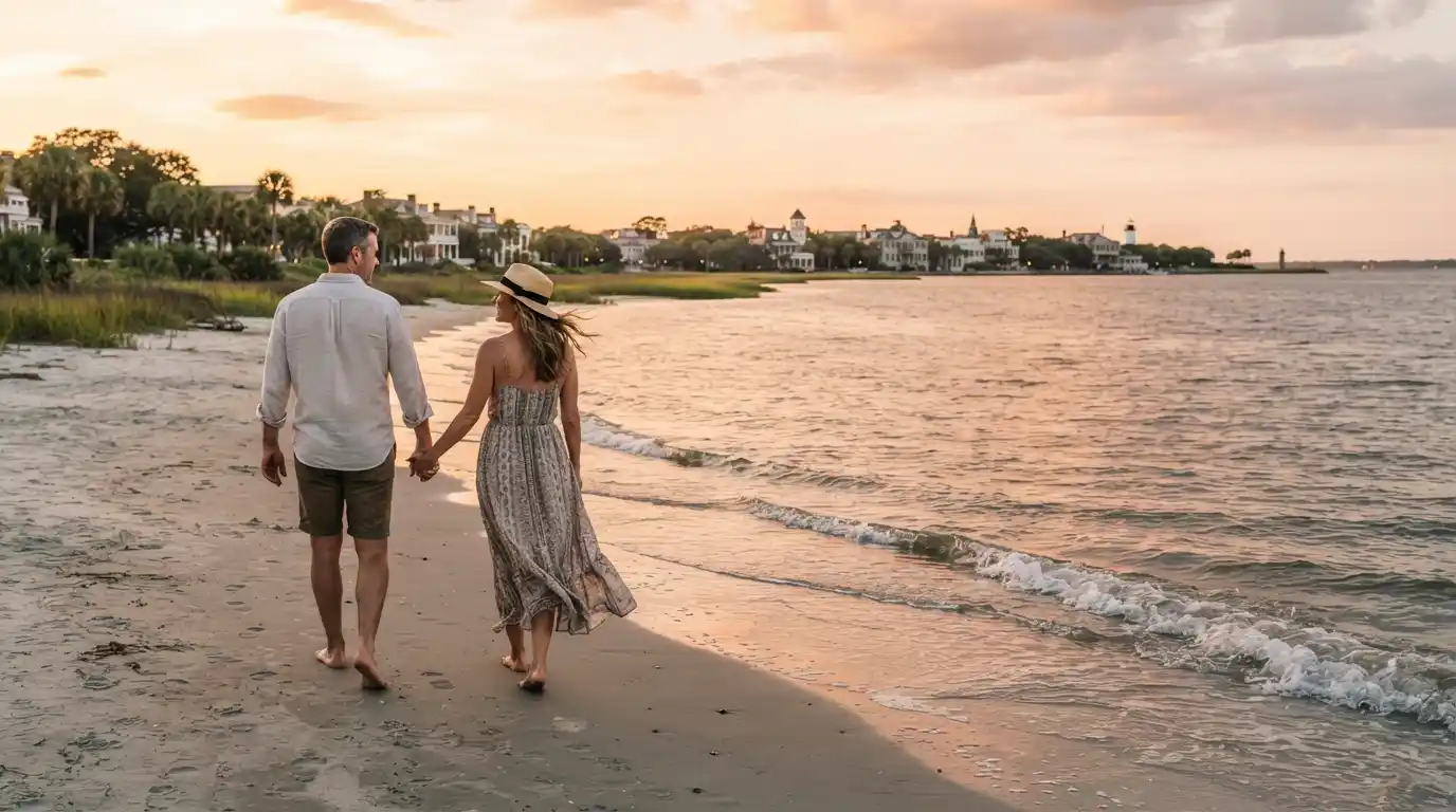 Couple walking along a South Carolina beach at sunset with coastal scenery in the background