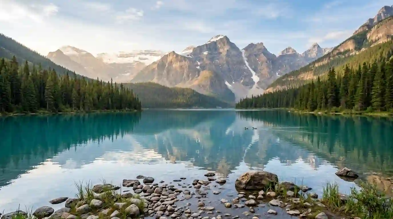 Turquoise alpine lake surrounded by evergreen forests and snow-capped Rocky Mountains in Alberta, Canada.