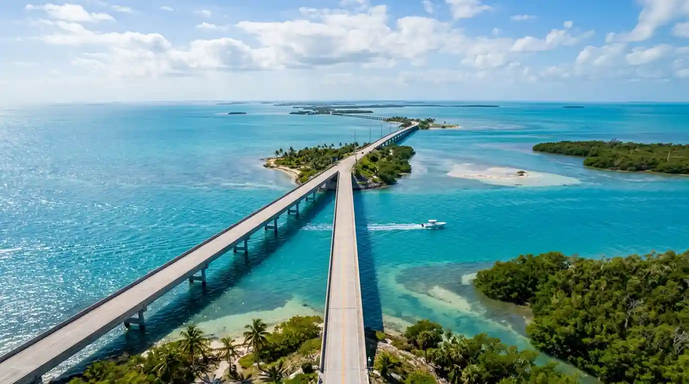 The Seven Mile Bridge crossing turquoise ocean waters in the Florida Keys.