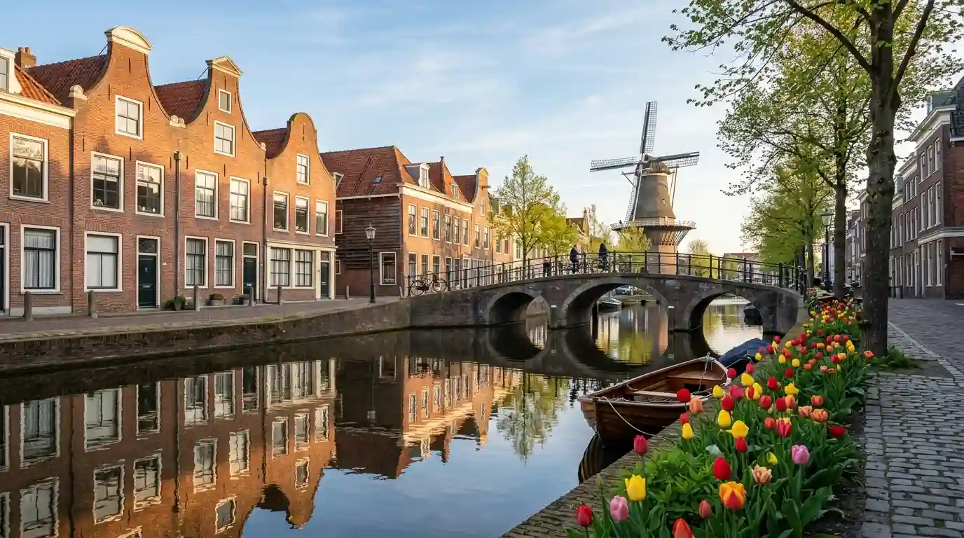 Traditional Dutch canal houses, an arched bridge, colorful tulips, and a windmill in a scenic Netherlands landscape.