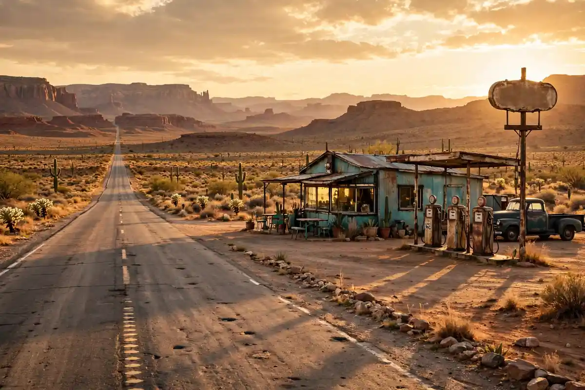 Classic Route 66 highway through the American desert with a vintage roadside diner