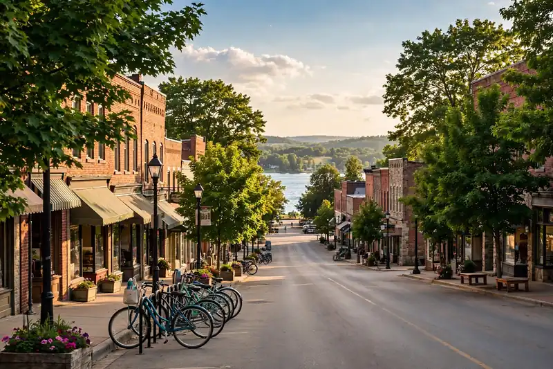 Charming Midwest small town main street in summer with a lake in the distance