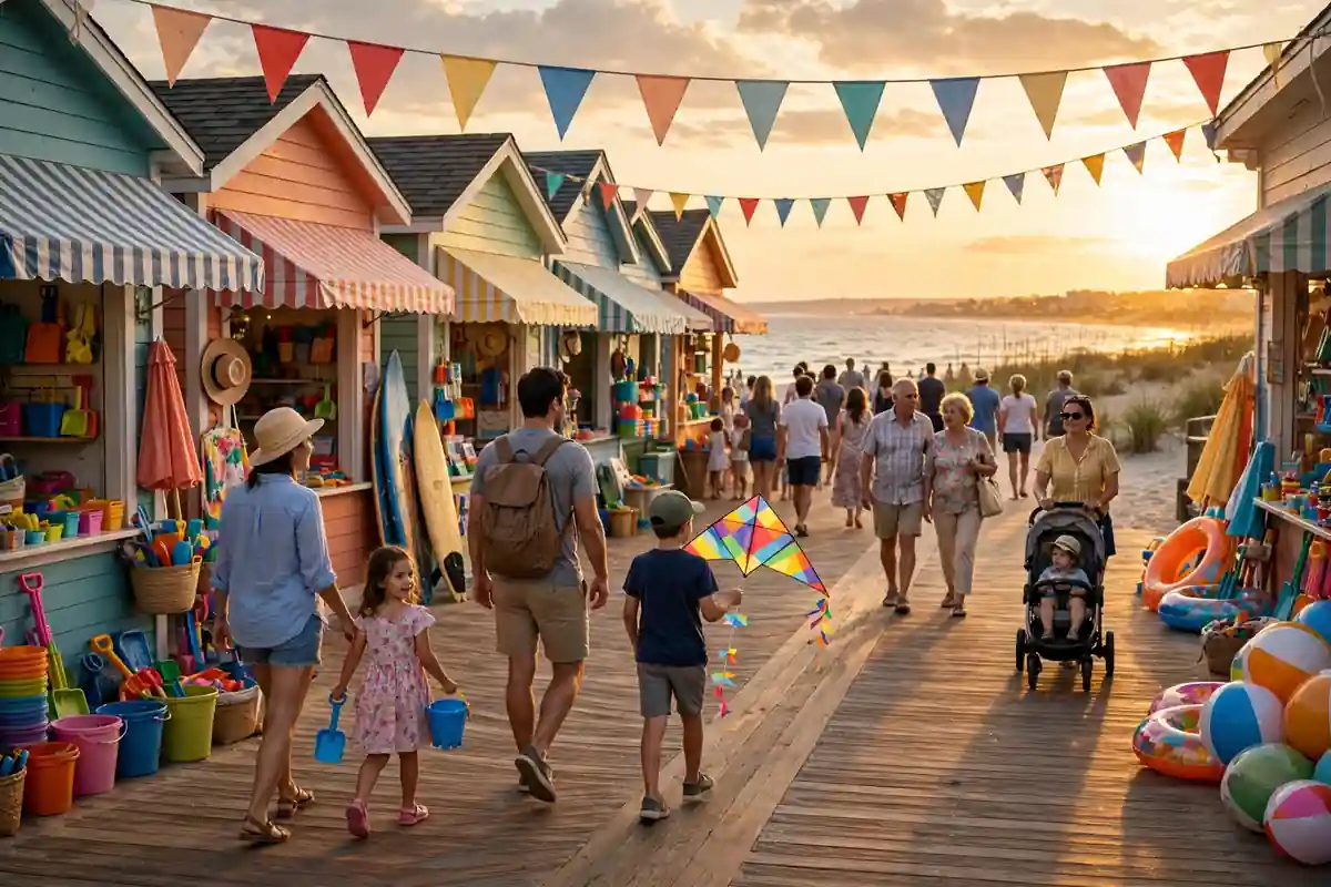Affordable American summer beach town boardwalk at golden hour