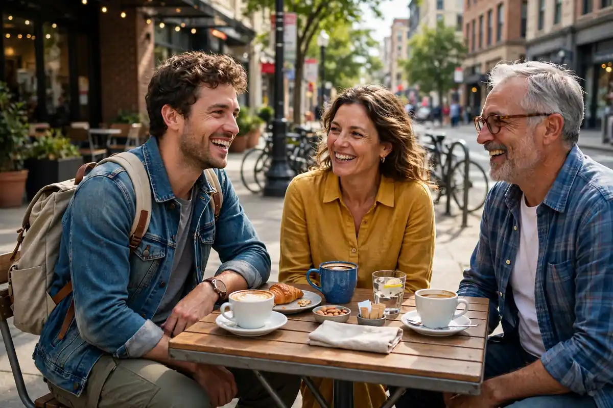 Solo traveler chatting with friendly locals at an outdoor cafe in the USA
