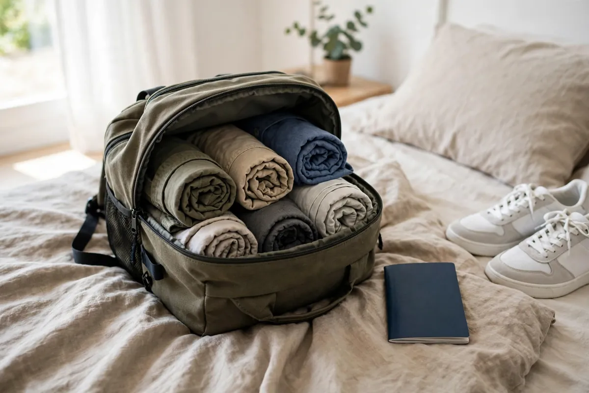 Single travel backpack neatly packed with rolled clothes for one-bag travel