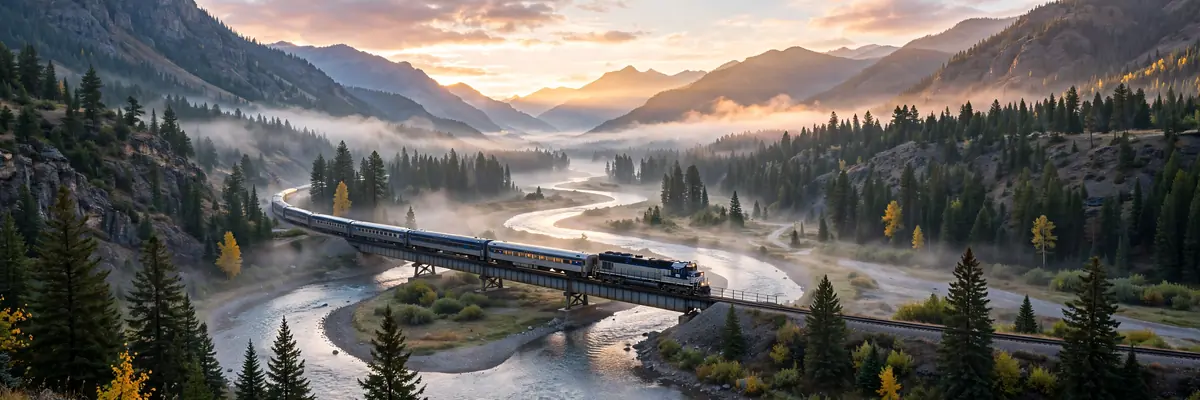 Long-distance passenger train crossing a scenic American mountain valley at sunrise — Amtrak USA Rail Pass guide