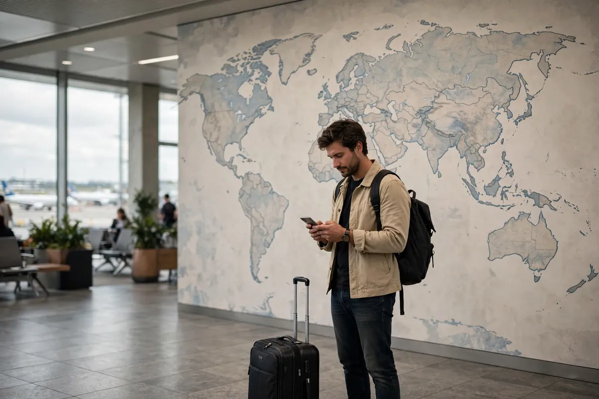 Best budget travel apps 2026 – traveler checking a smartphone in an airport terminal beside a world map