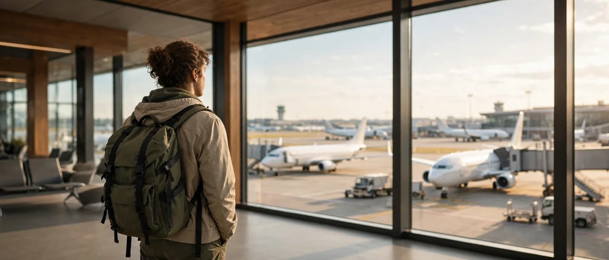 Traveler with backpack looking out an airport terminal window at airplanes — best travel credit cards 2026