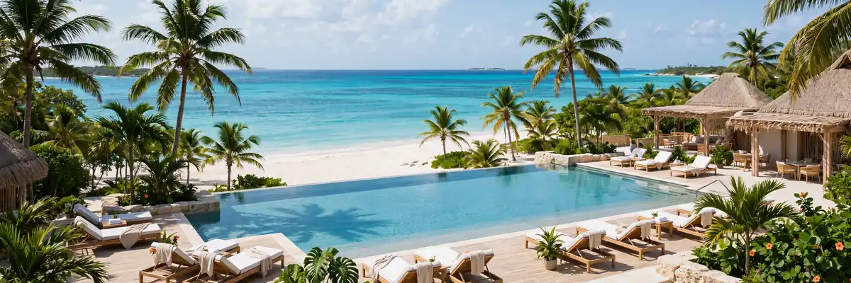 Tropical beachfront resort with palm trees and infinity pool — cheap all-inclusive resorts