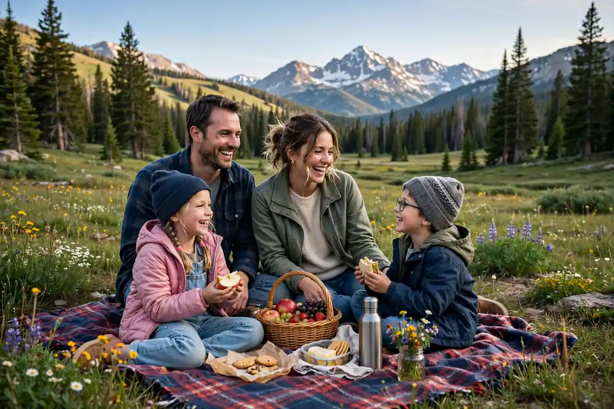 A happy American family with two kids enjoying a picnic in a scenic mountain meadow with snow-capped peaks in the background