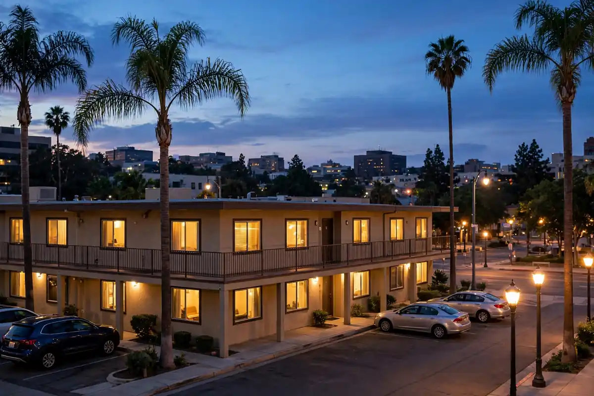Budget hotel exterior in an American city at dusk — how to find cheap hotels in the USA