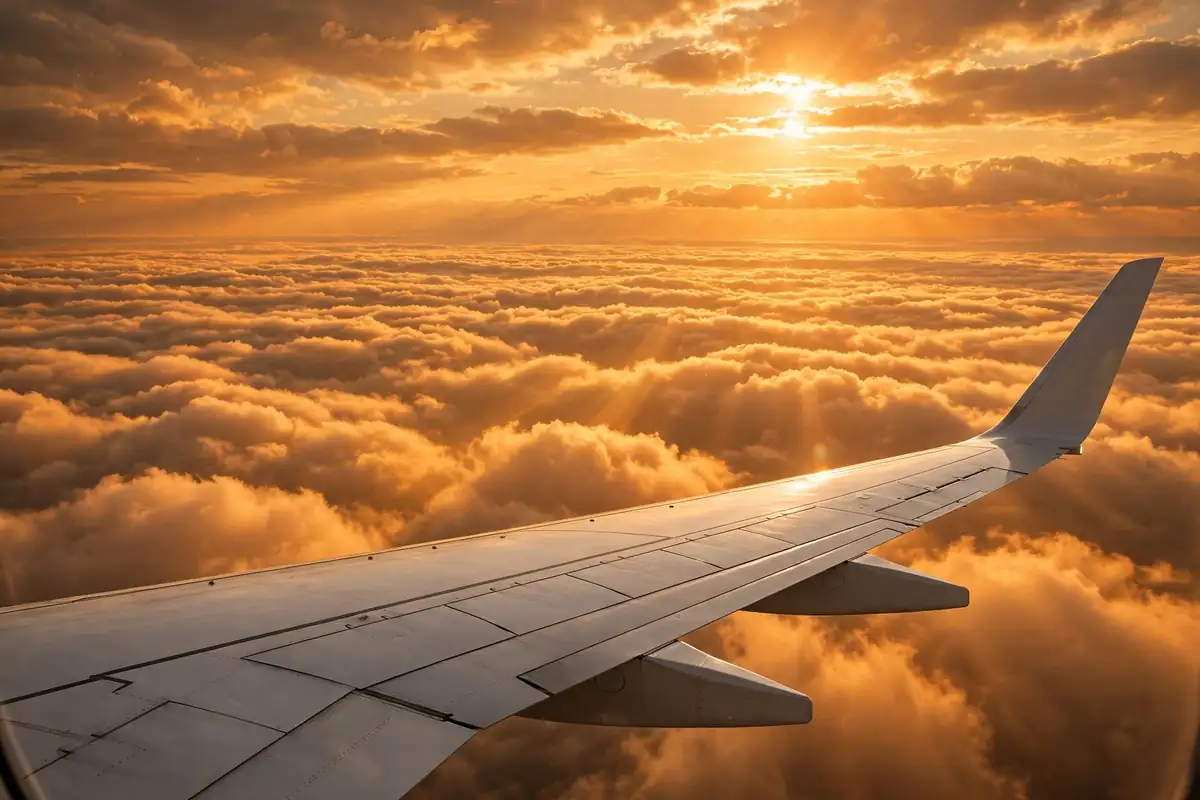 Cheap Thanksgiving flights - airplane wing above golden autumn clouds at sunset