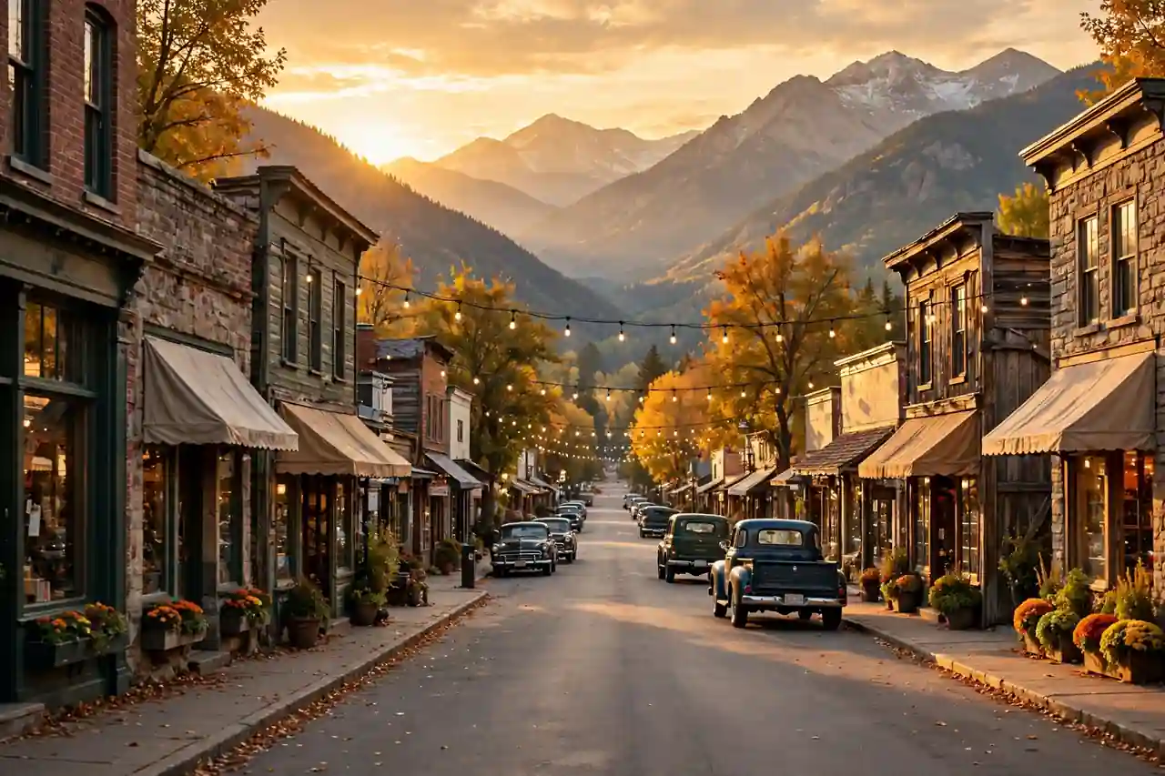 Charming small American town main street at golden hour