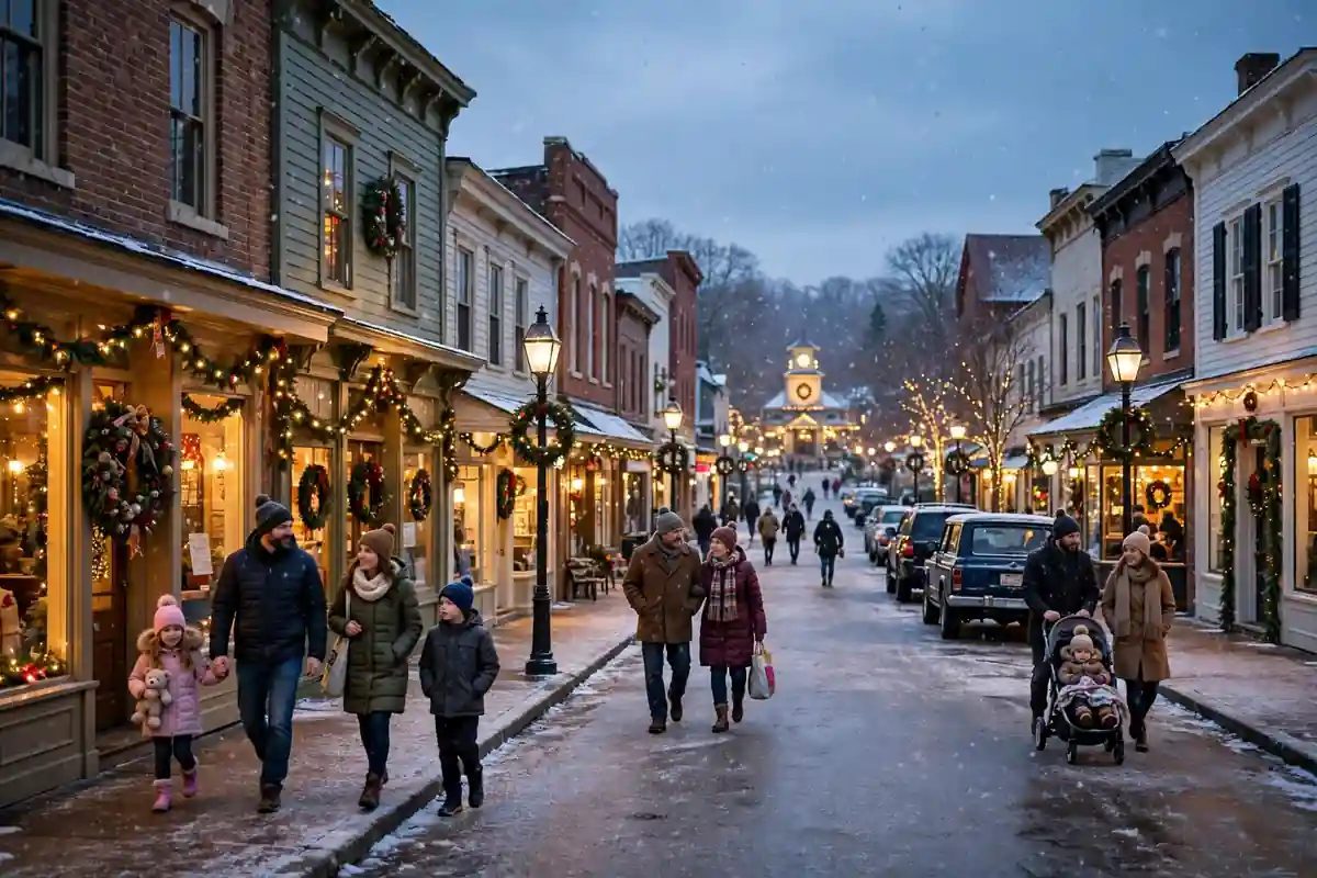 A charming small-town American Main Street decorated for Christmas at dusk, with glowing shop lights, wreaths, light snow, and families strolling