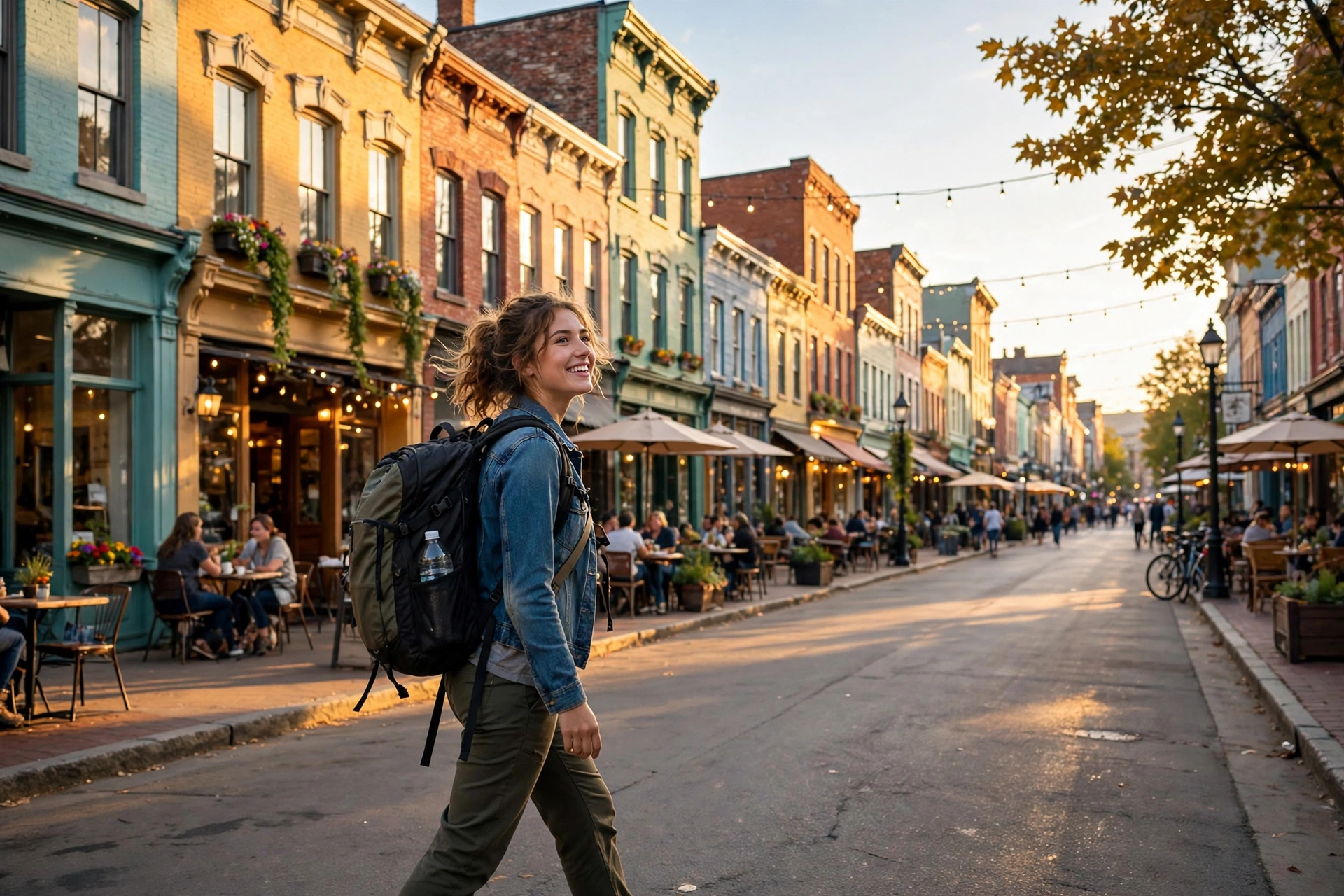 Budget traveler exploring an affordable historic downtown street in the USA