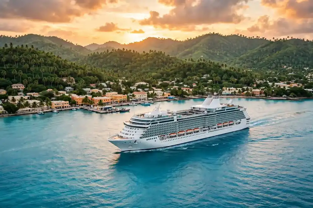 Cheapest cruises 2026 – large cruise ship sailing through turquoise Caribbean water beside a tropical port at sunset