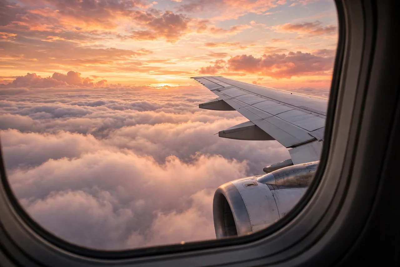 Airplane wing above the clouds at sunrise