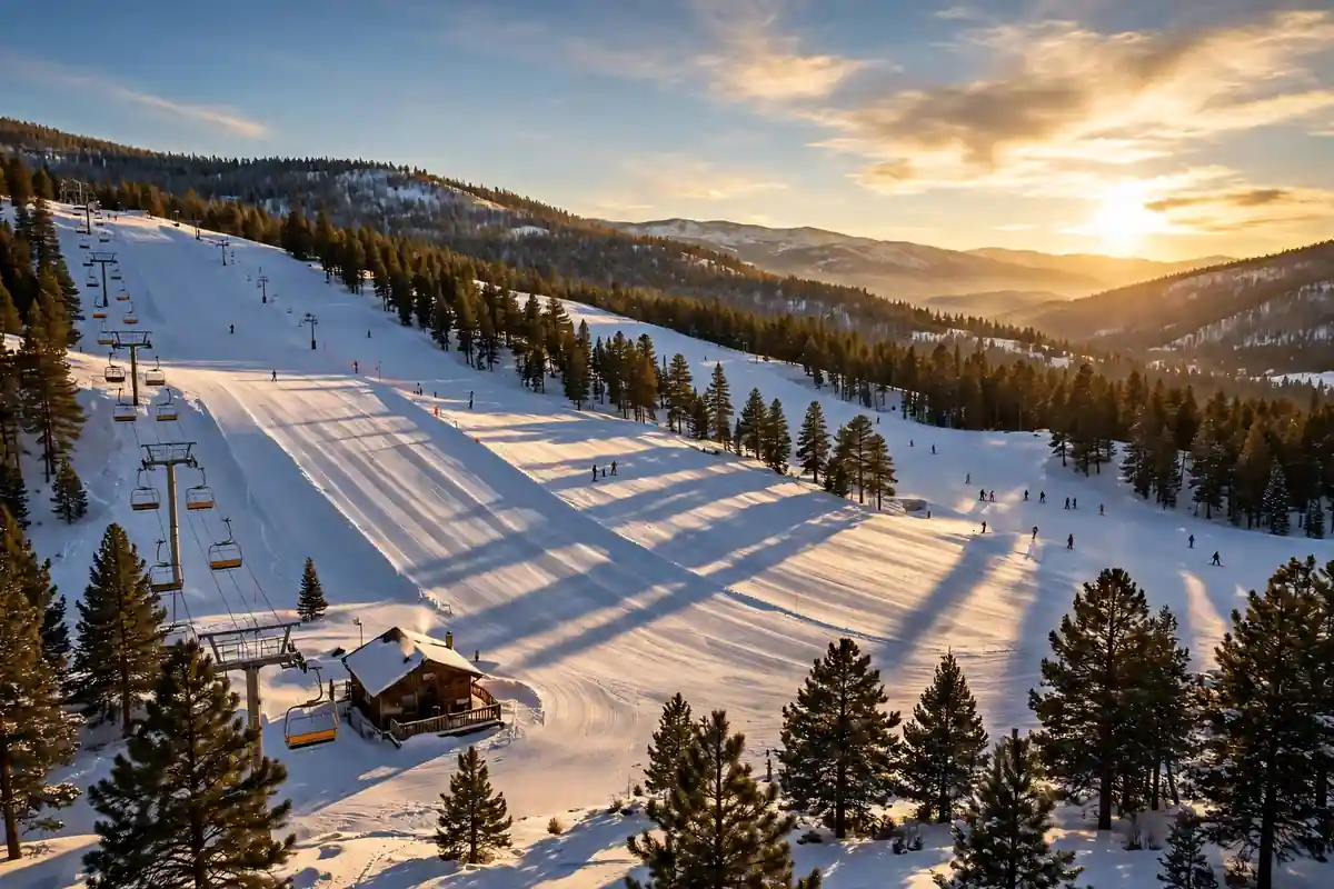 Cheapest ski resorts in the USA - snowy ski slopes at a budget-friendly mountain resort at golden hour