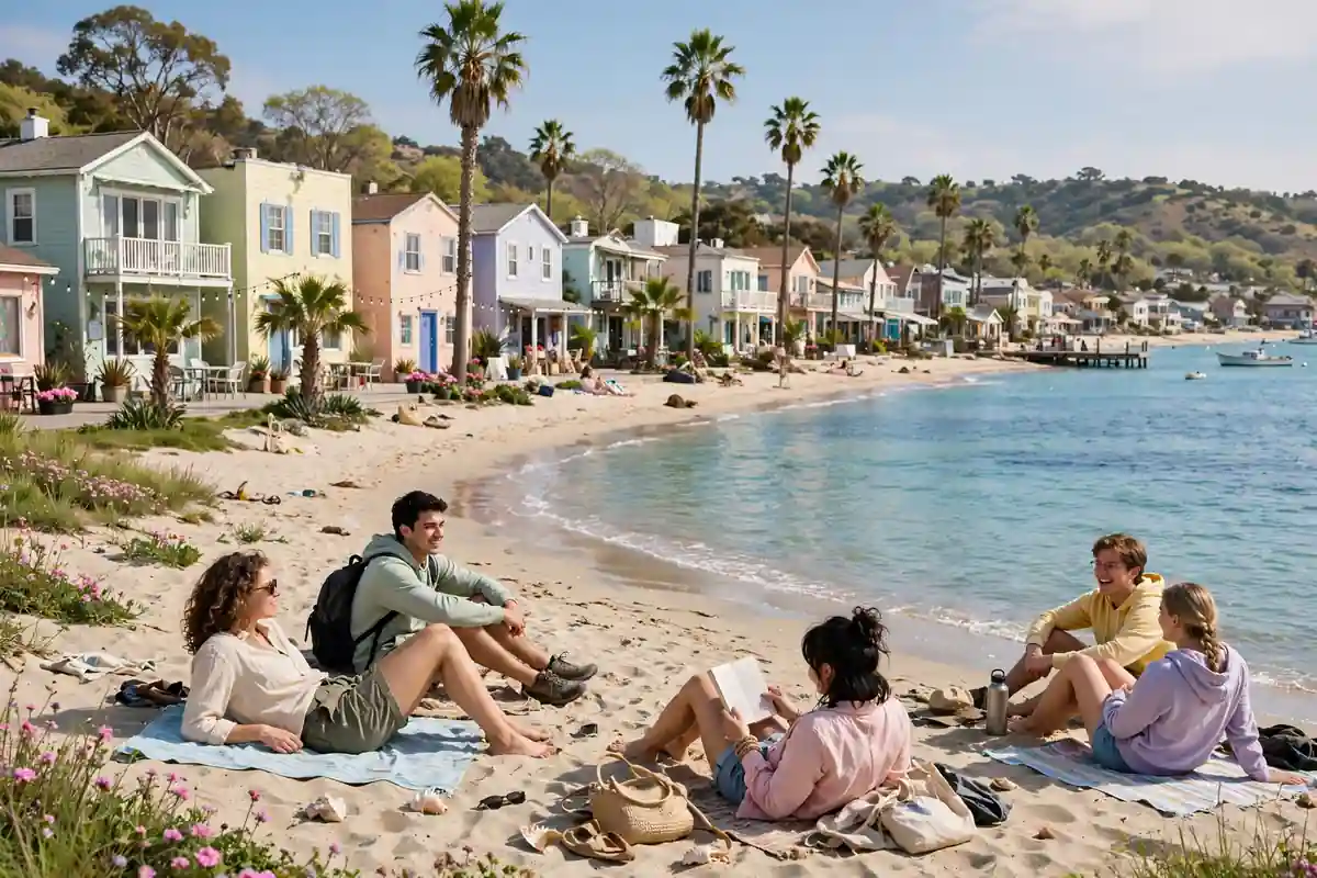 Young travelers relaxing on the sand at an affordable American beach town in spring, with pastel houses, palm trees, and calm turquoise water