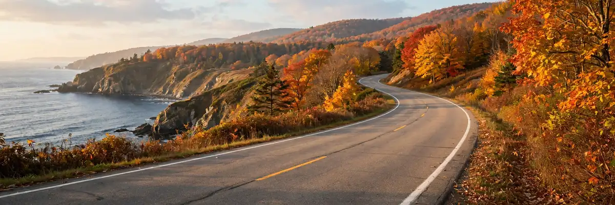 Cheapest time to travel in the USA - quiet scenic American highway in autumn with fall colors