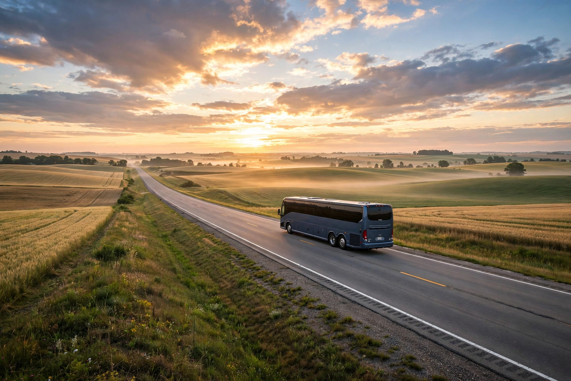 Long-distance tour bus on an American highway at sunrise — cheapest way to travel between US cities