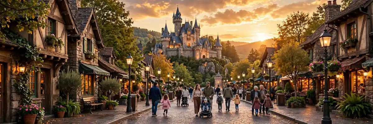 Fairy-tale castle theme park at golden hour with families on Main Street — Disney vacation cost 2026 guide