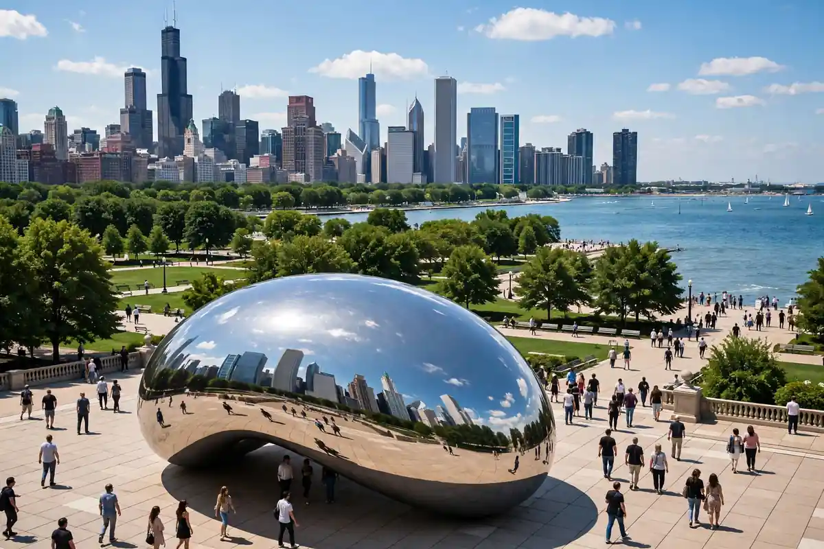 Chicago's Cloud Gate bean sculpture in Millennium Park reflecting the downtown skyline, with visitors walking in the lakeside park on a sunny day