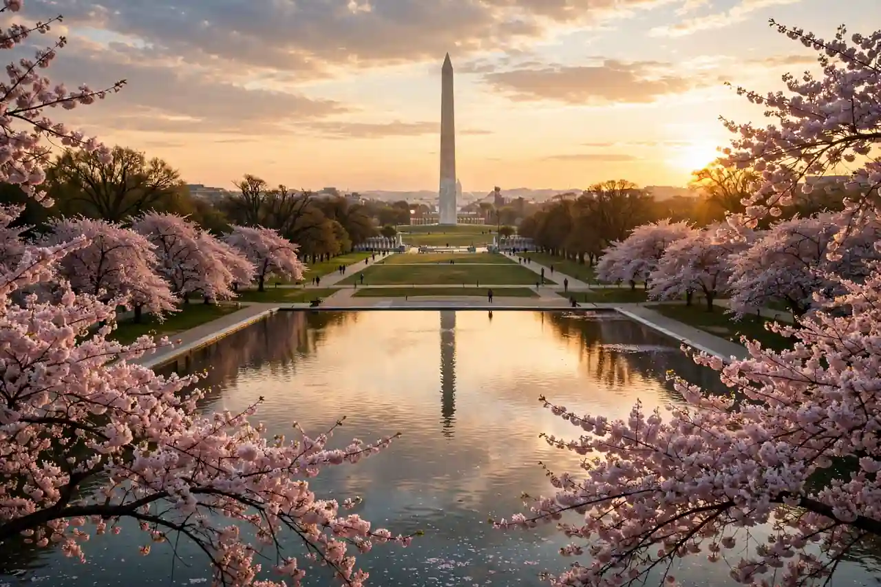 The National Mall and Washington Monument at sunset in Washington DC
