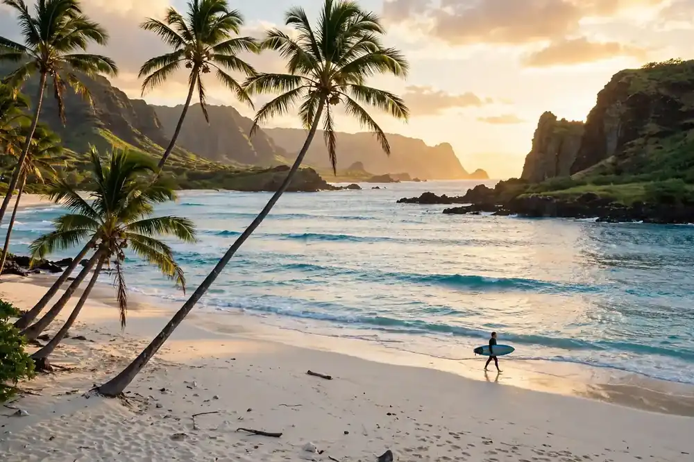 Hawaii trip cost 2026 – palm trees leaning over a white-sand beach with a surfer walking the shoreline at golden hour