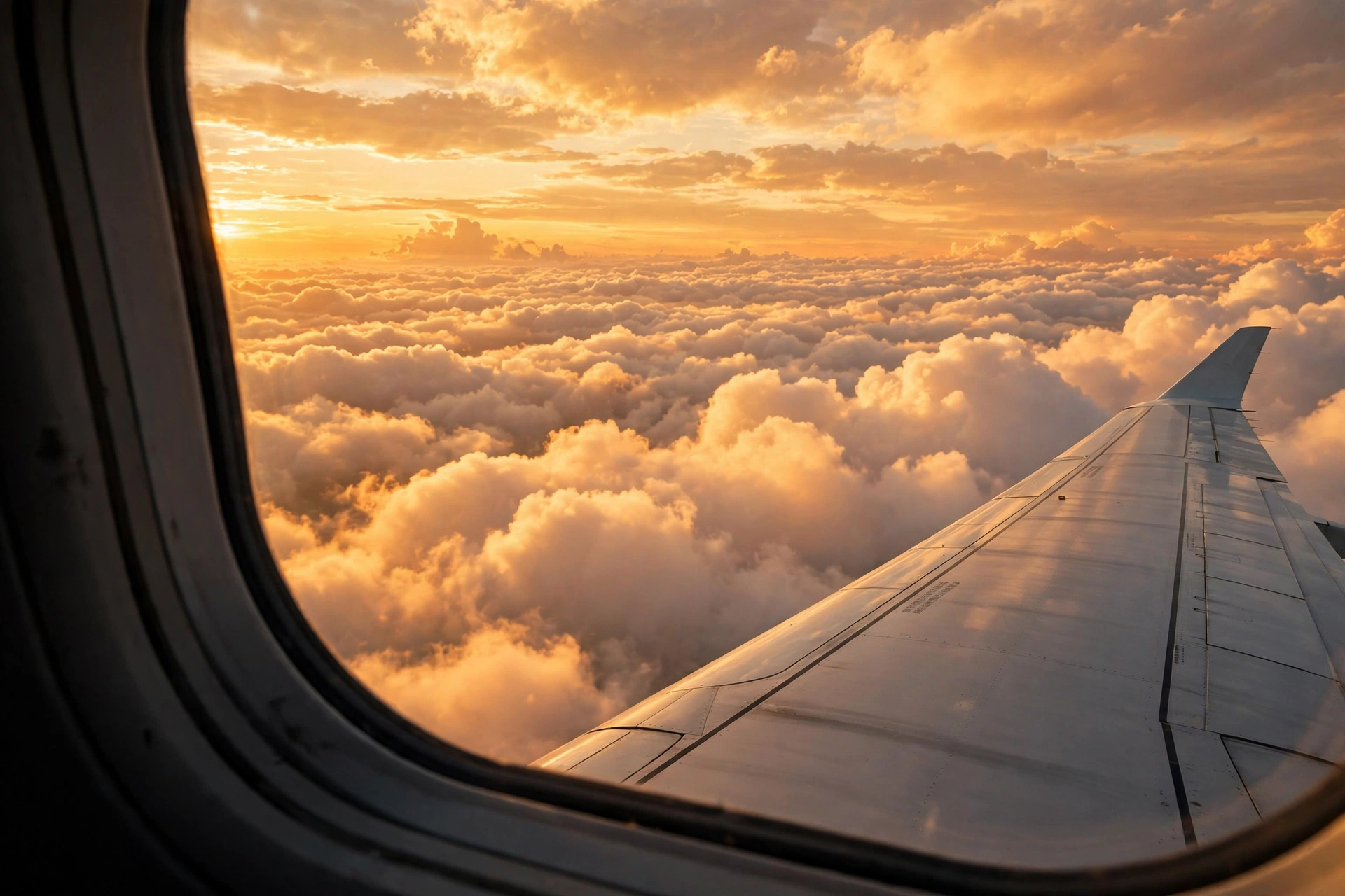 Airplane wing above clouds at sunset — cheap flights USA hacks