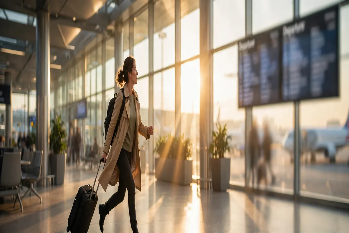 Last minute travel deals - traveler with suitcase hurrying through a bright airport terminal