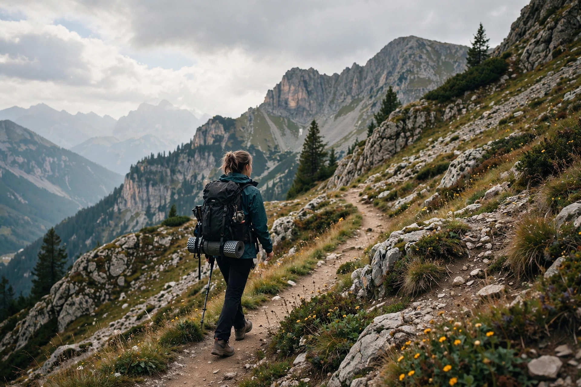 Solo traveler hiking a scenic mountain trail in the USA