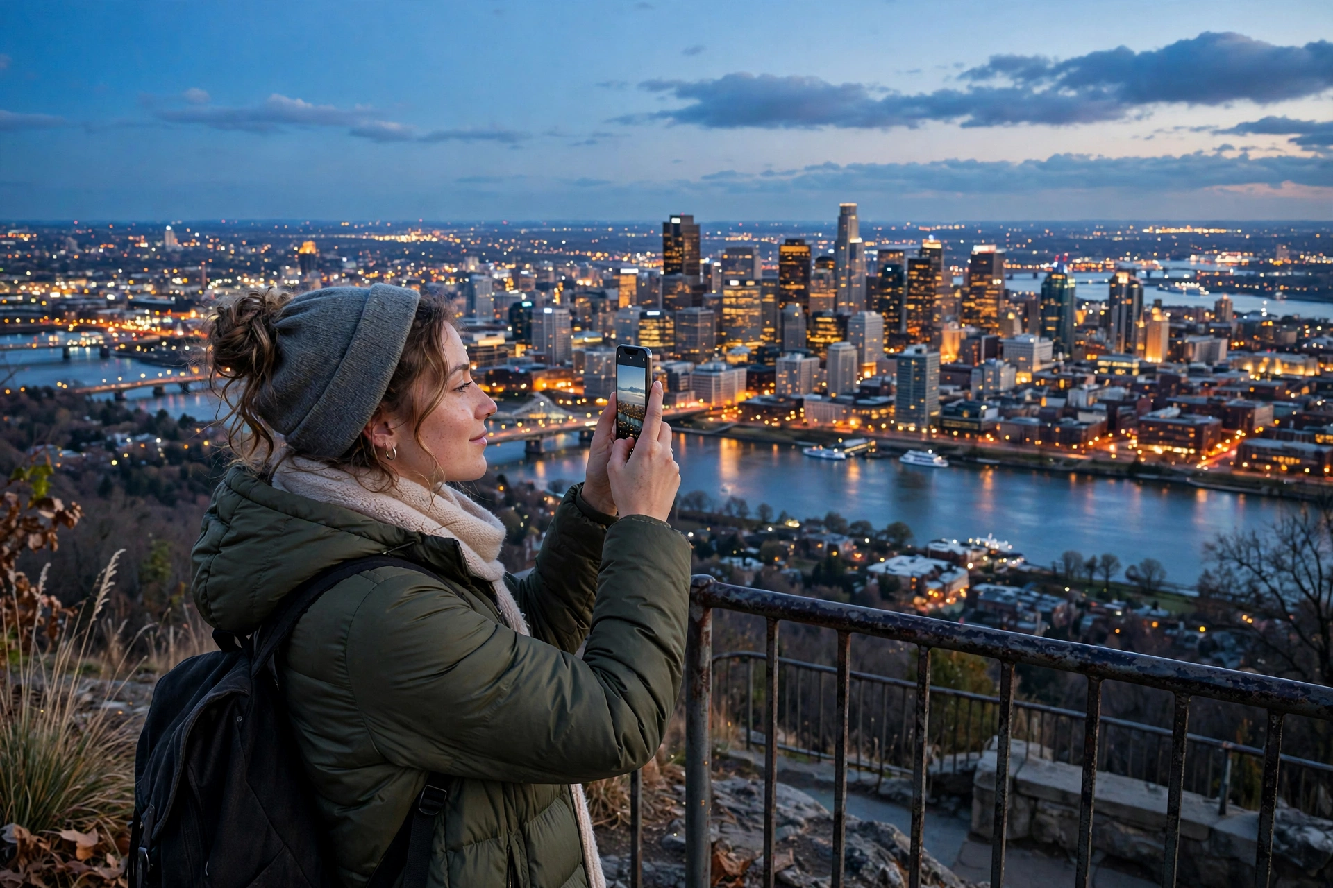 Woman traveling solo safely in a beautiful American city at dusk