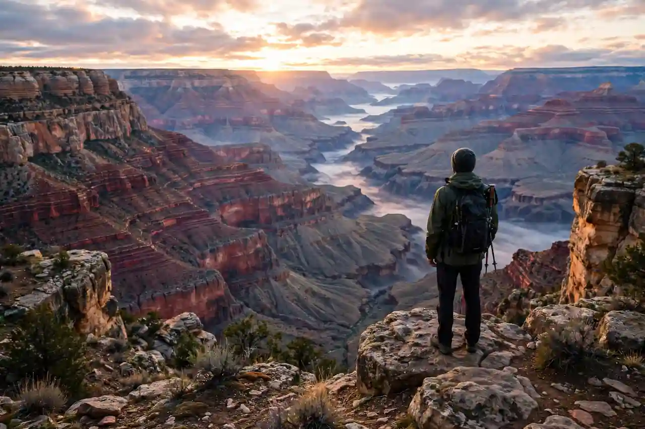 Solo traveler with backpack overlooking a US national park canyon at sunrise
