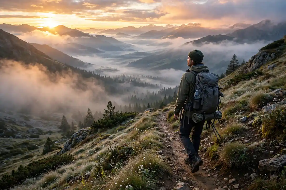 Solo travel mistakes – solo backpacker hiking a mountain trail above a misty valley at sunrise