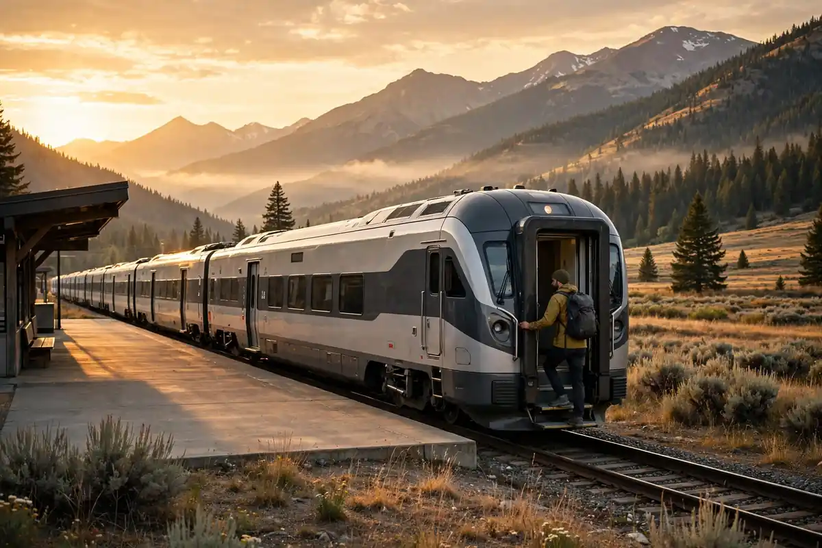 A solo traveler with a backpack boarding a modern American passenger train at a mountain station at golden hour